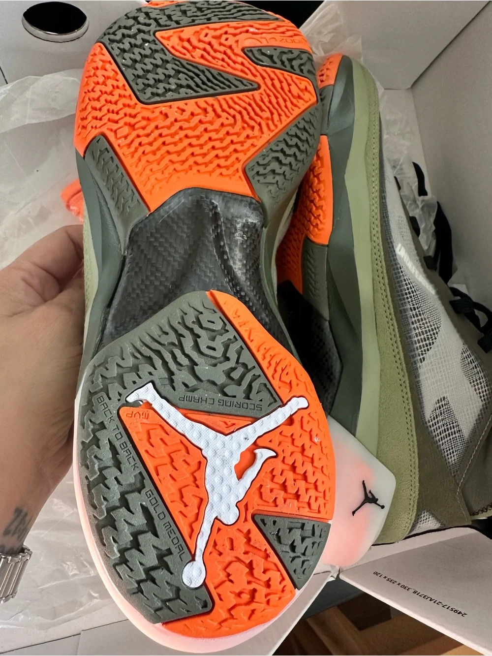 Men’s Jordan Olive Green and Bright Orange Basketball Sneakers air Jordan XXXVII
